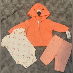 Carter's Flamingo Theme Coral Hooded Jacket, Bodysuit & Striped Pants ∙ NB ∙ NWT